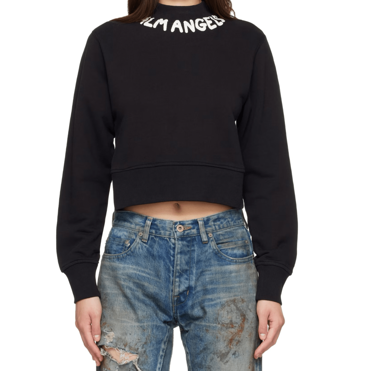Palm Angels Neck Logo Fitted Crew Sweatshirt 'Black' Sweatshirts Palm Angels